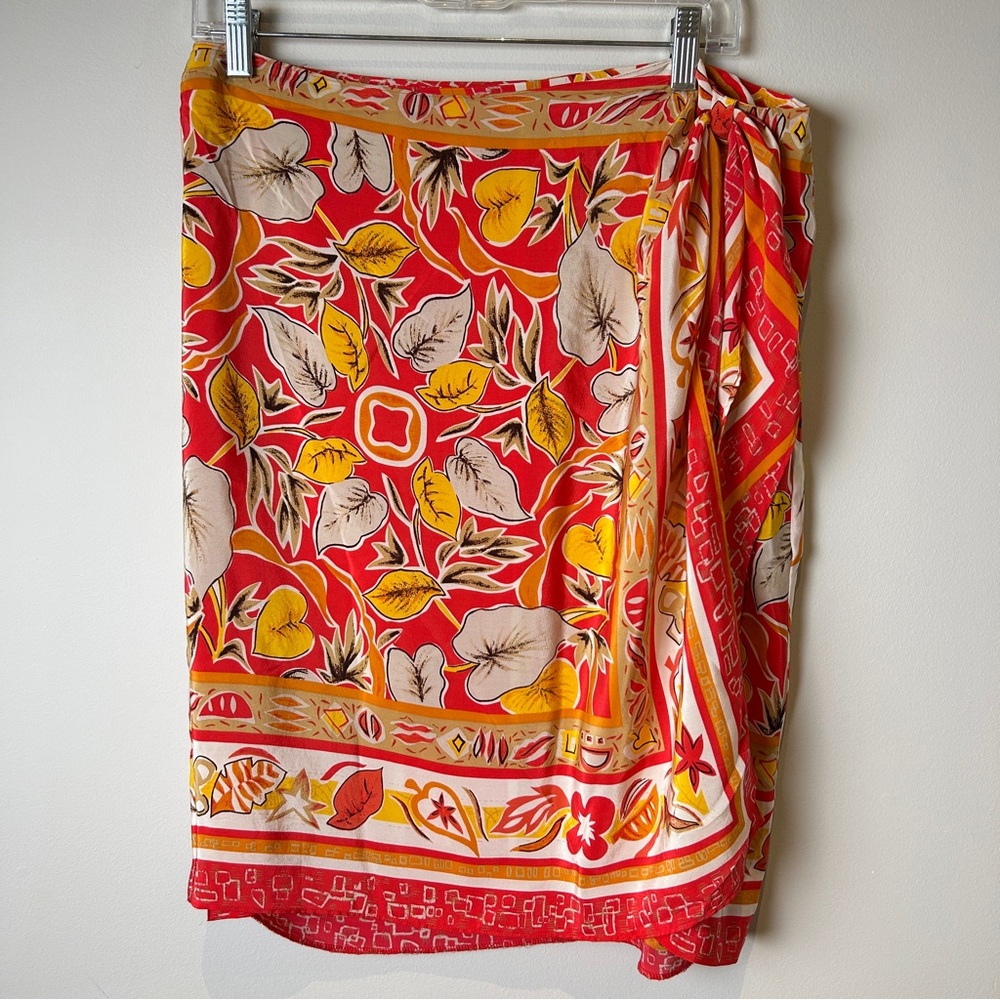Vintage August Silk Women’s Orange & Yellow Floral Sarong Wrap Skirt Size 14